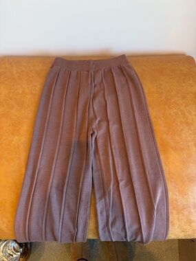 Amazon Wide Leg Pleated Knit Jumpsuit Pants in Mauve Brown